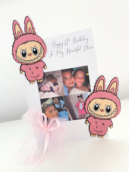 Labubu Pink Card Ribbon & Bow Photo Card - A5